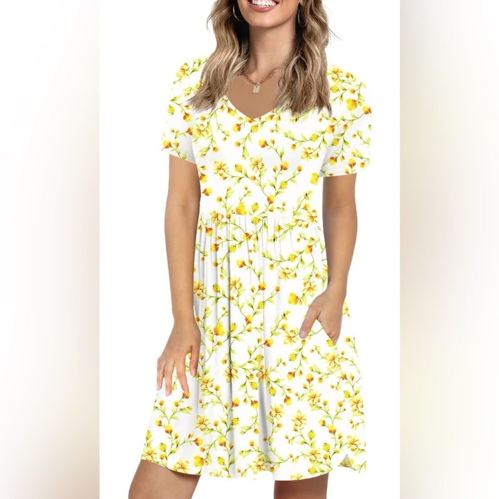 Anymeet 2024 Women's Summer Dress Short Sleeve Casual, Flowy V Neck with Pockets